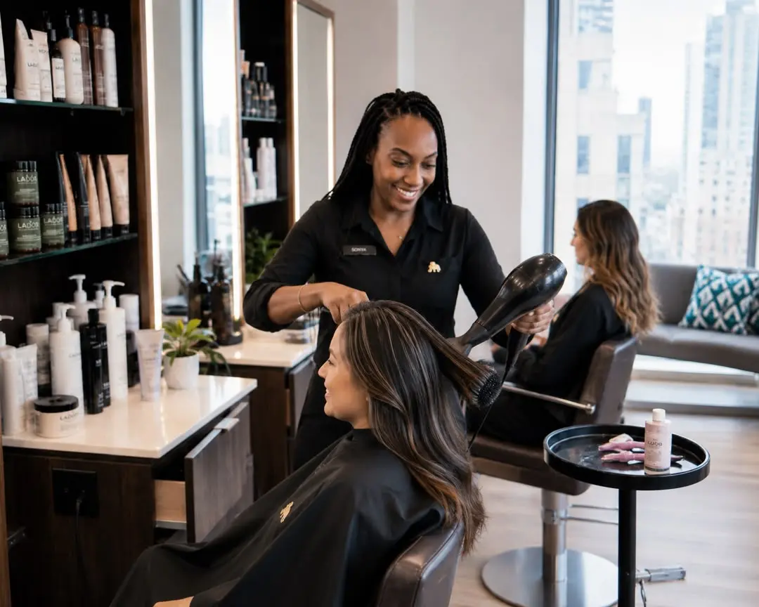 Hair stylist with client in a salon