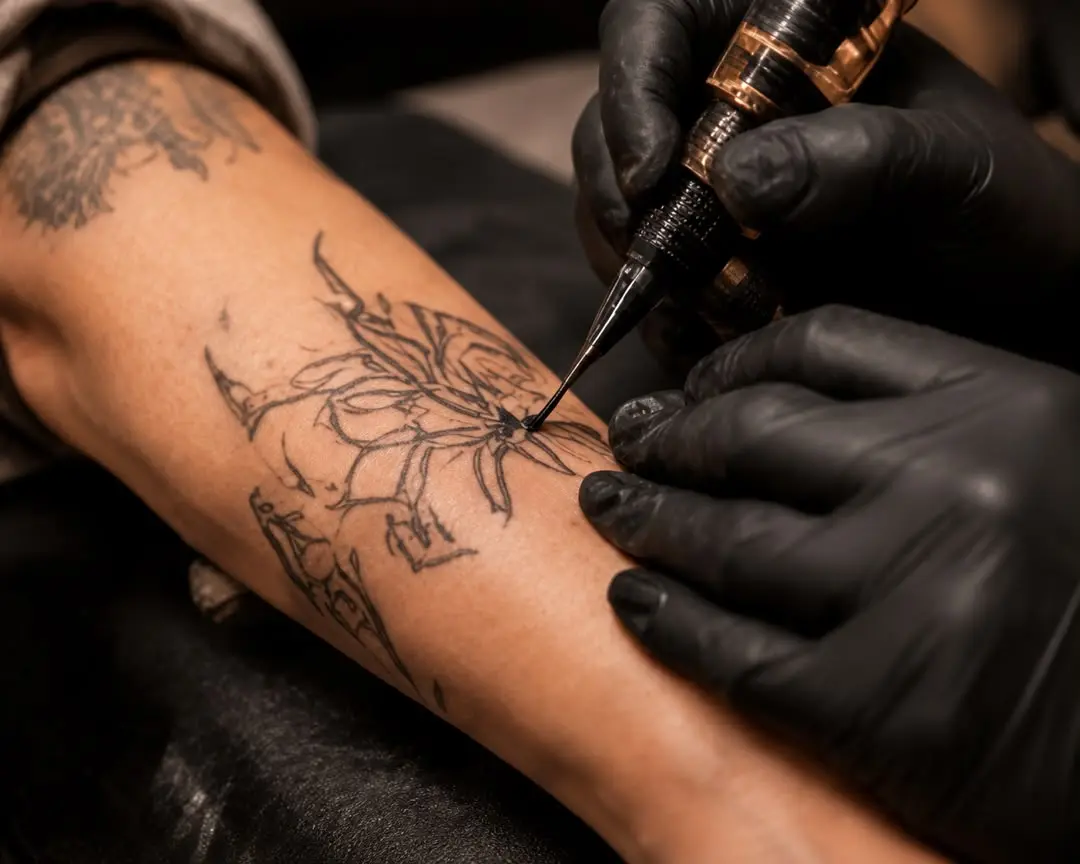Tattoo artist at work with a client